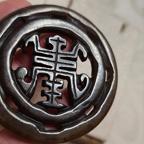 ANTIQUE CHINESE JADE FU SHOU PENDANT CARVED ROUND AMULET GREEN BROWN LONG LIFE - Picture 2 of 11